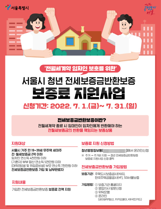 서울시, `청년 전세보증금 반환보증료 지원사업` 시작